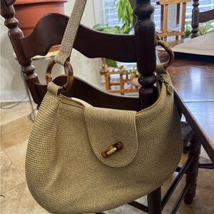 Eric Javits Tan Woven Shoulder Bag with Tortoise Details